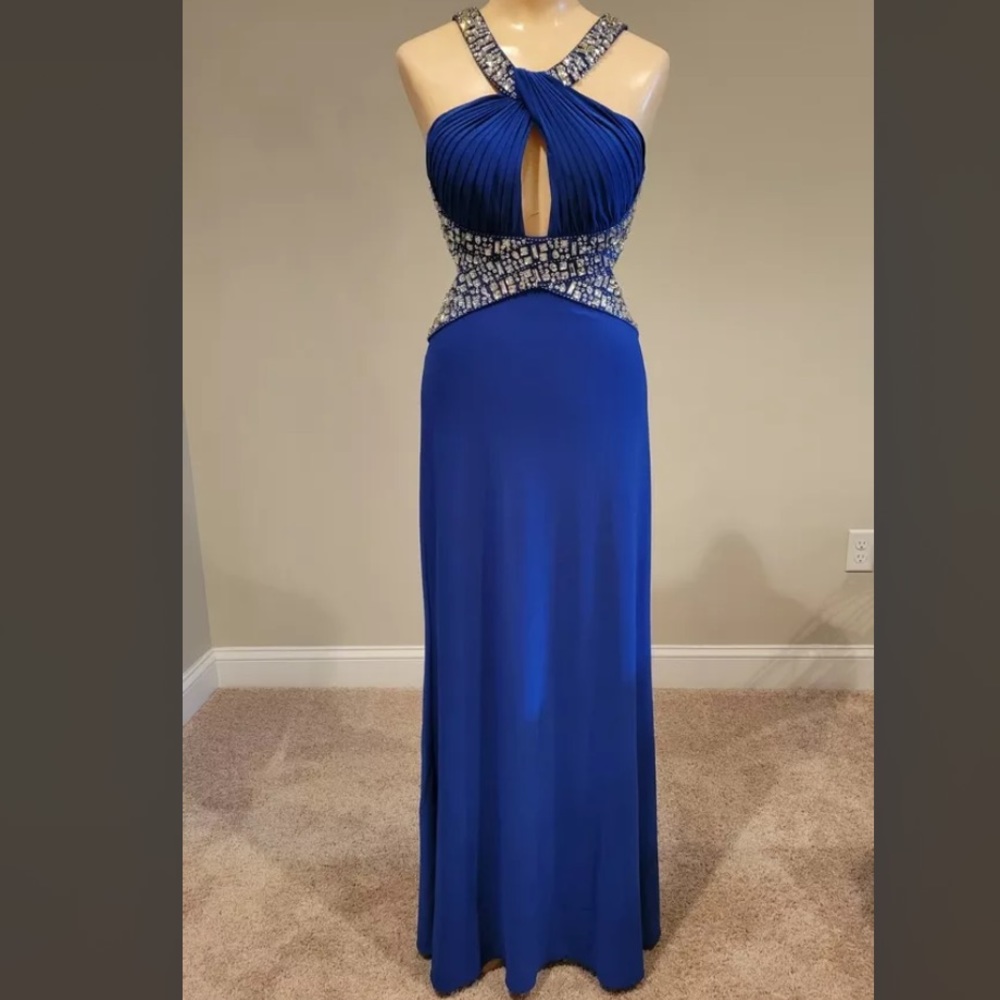 Betsy & Adam Peacock Blue Prom Long Gown Formal Dress Open Low Back Jewels Sz 8